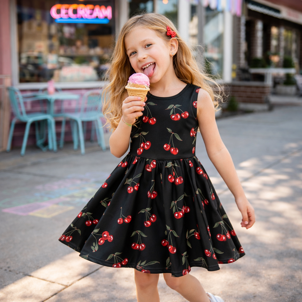 Girls Cherries Black Sleeveless Dress with Pockets – Girl Party Dress
