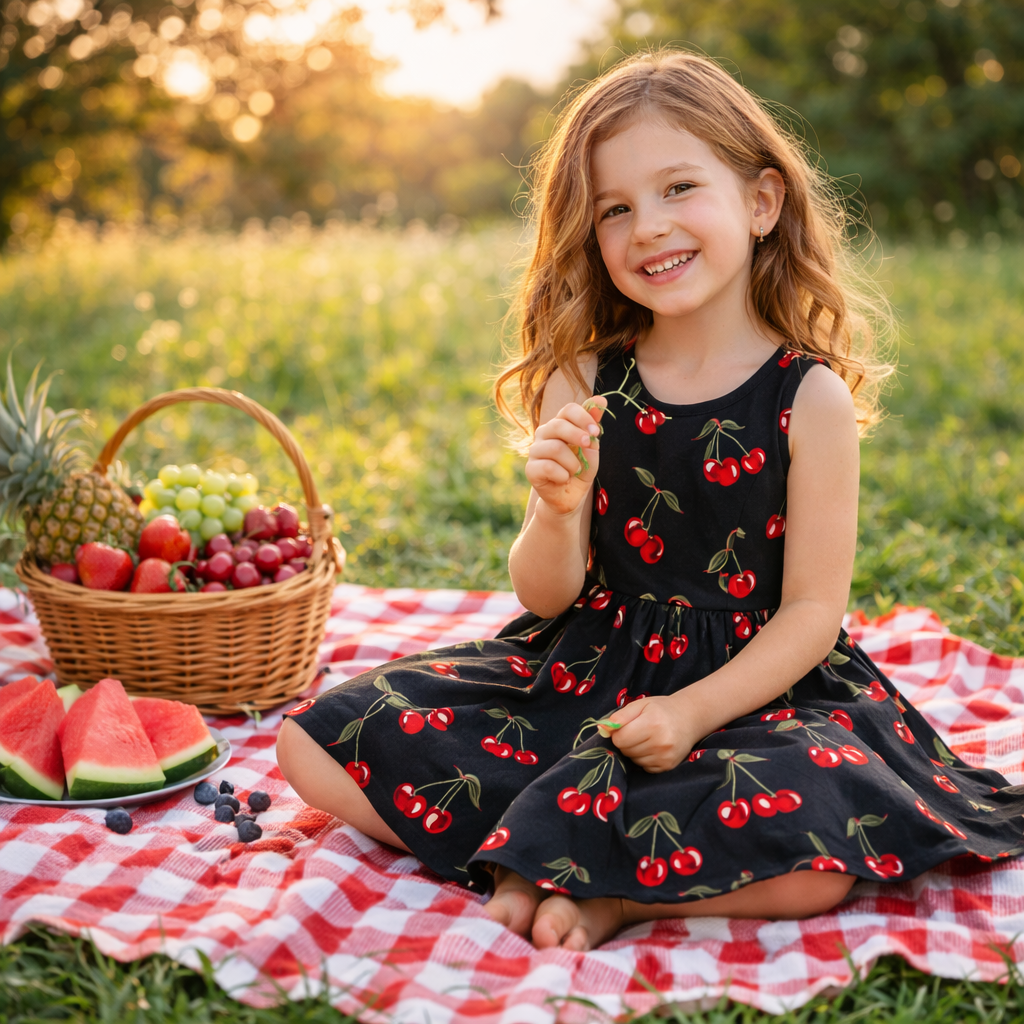 Girls Cherries Black Sleeveless Dress with Pockets – Girl Party Dress