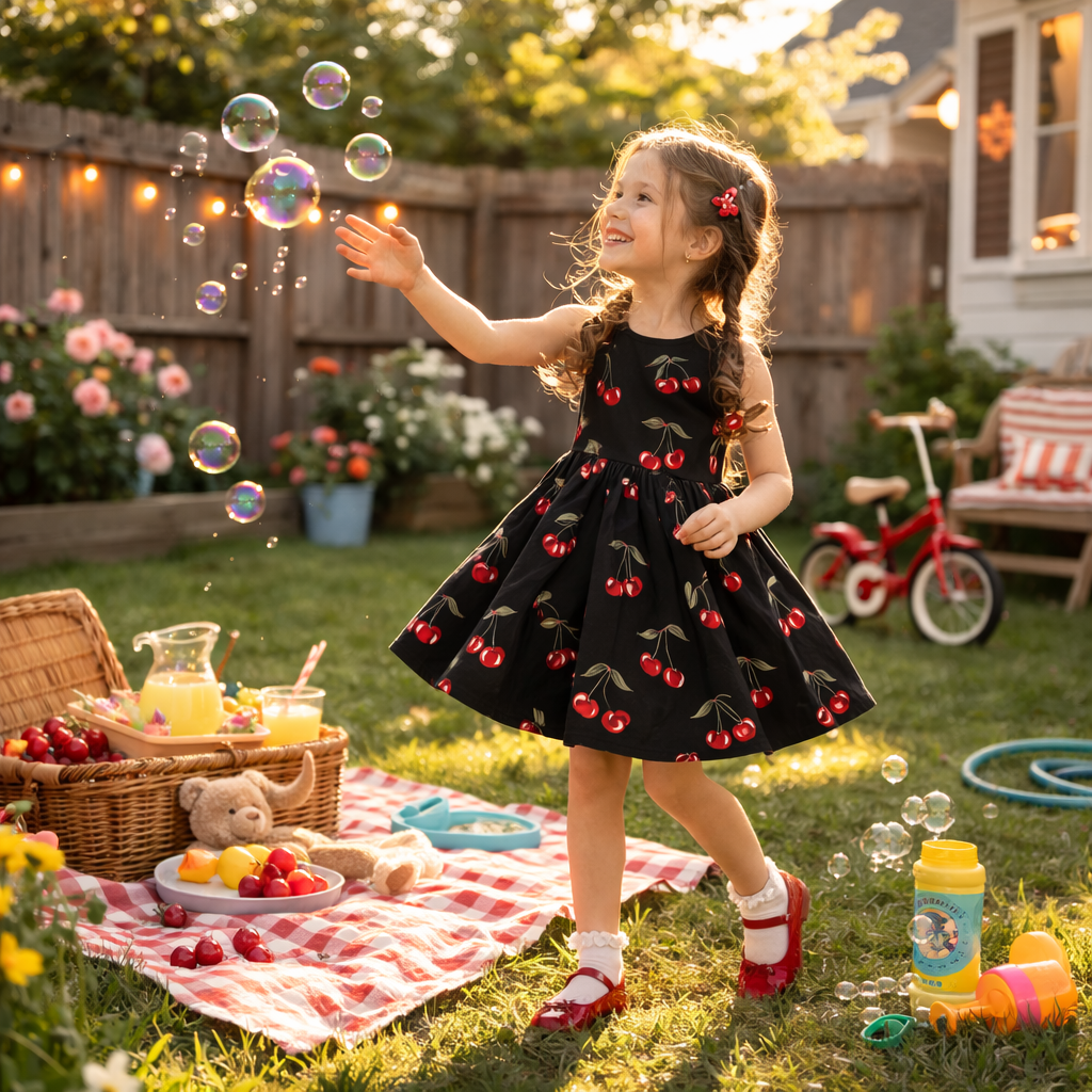 Girls Cherries Black Sleeveless Dress with Pockets – Girl Party Dress