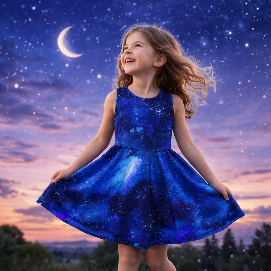 Girls Blue Galaxy Sleeveless Dress with Pockets – Girl Party Dress
