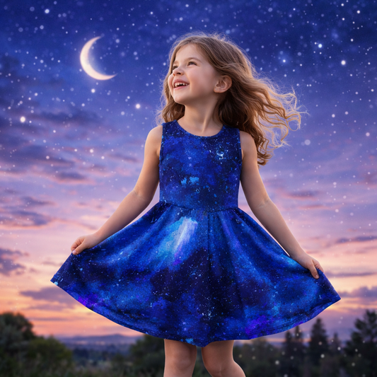 Girls Blue Galaxy Sleeveless Dress with Pockets – Girl Party Dress