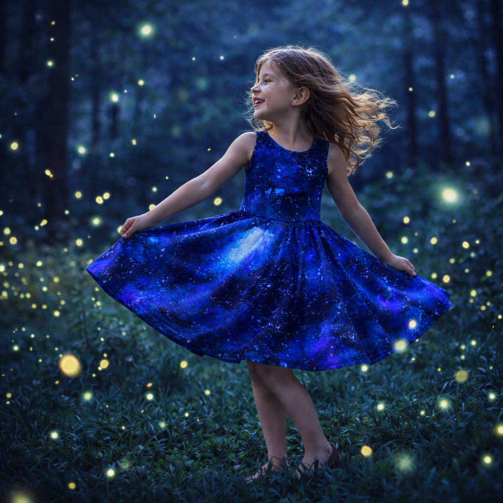 Girls Blue Galaxy Sleeveless Dress with Pockets – Girl Party Dress