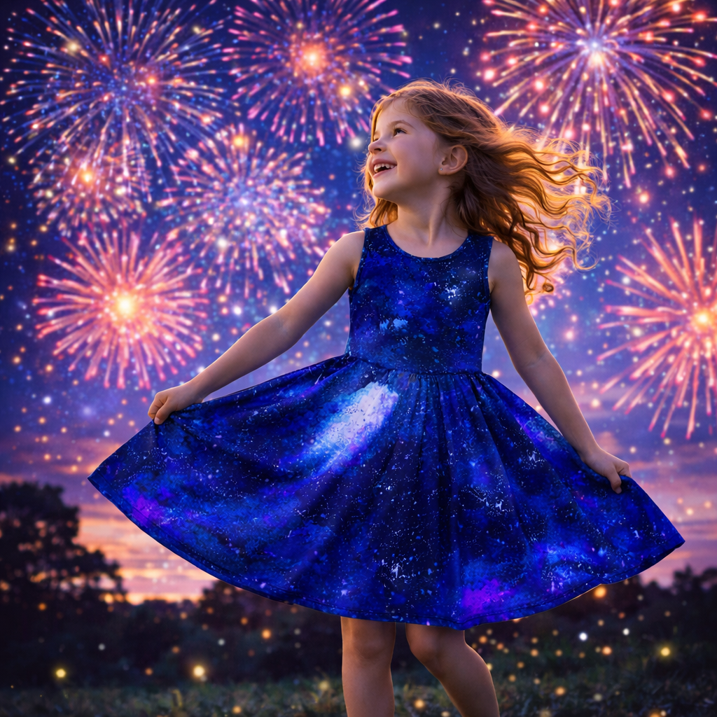 Girls Blue Galaxy Sleeveless Dress with Pockets – Girl Party Dress