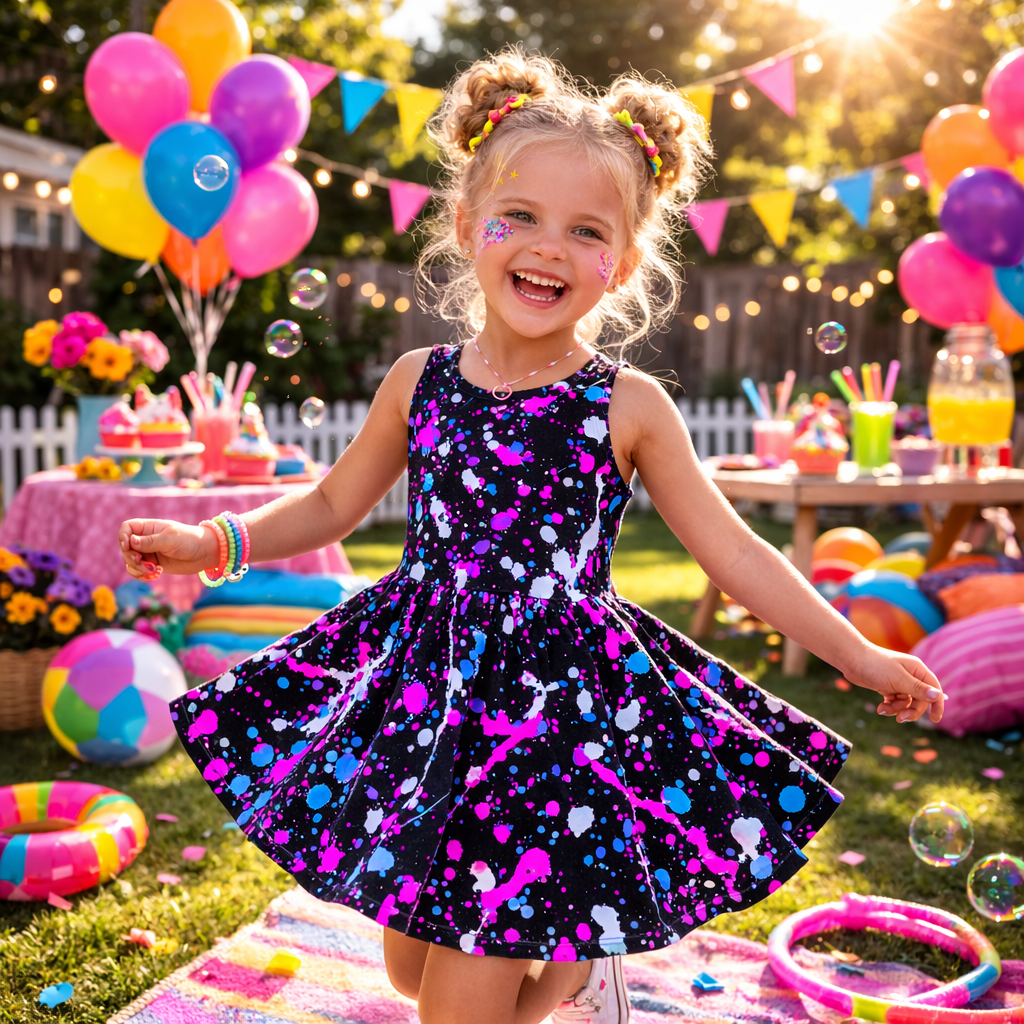 Girls Neon Purple Paint Splatter Sleeveless Dress with Pockets – Casual Dress