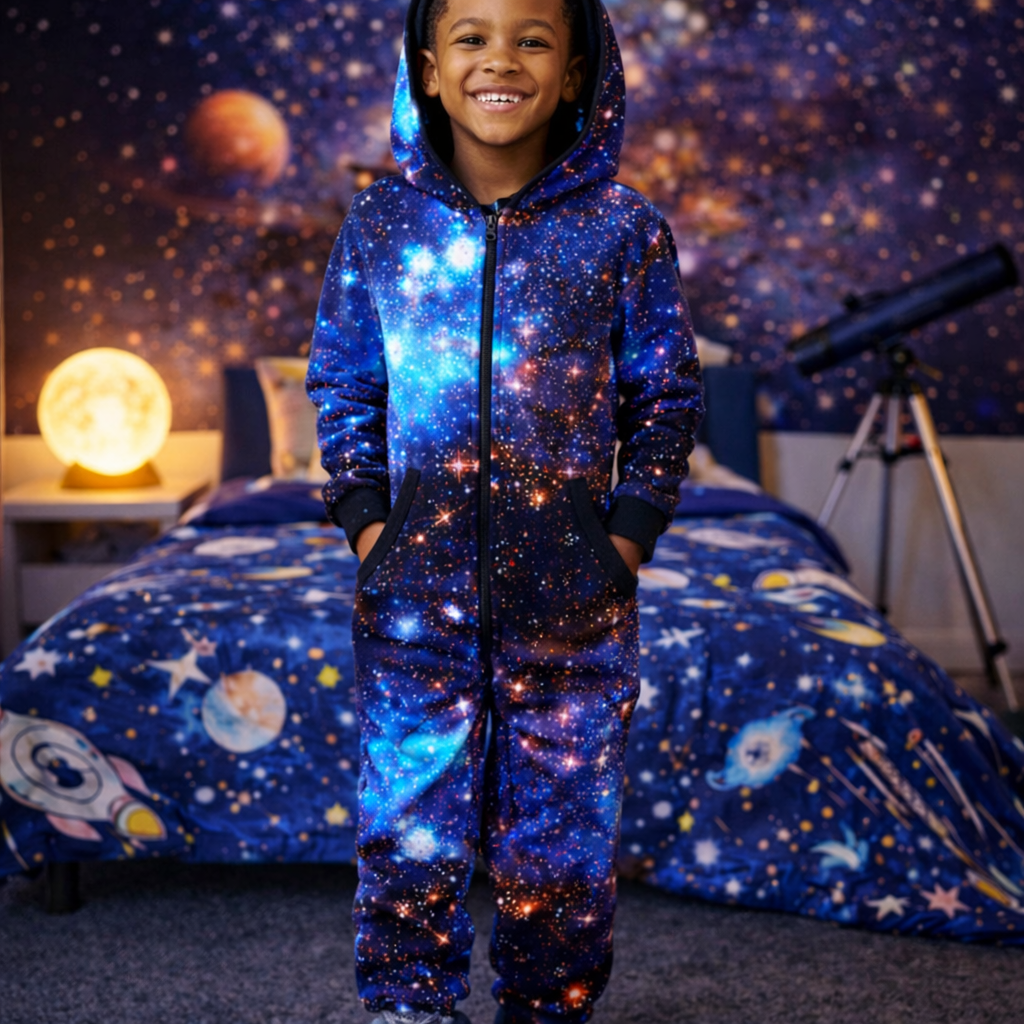 Boys Galaxy Zip-Up Onesie Pajamas – Cozy Hooded Kids Jumpsuit (7-14 Years)