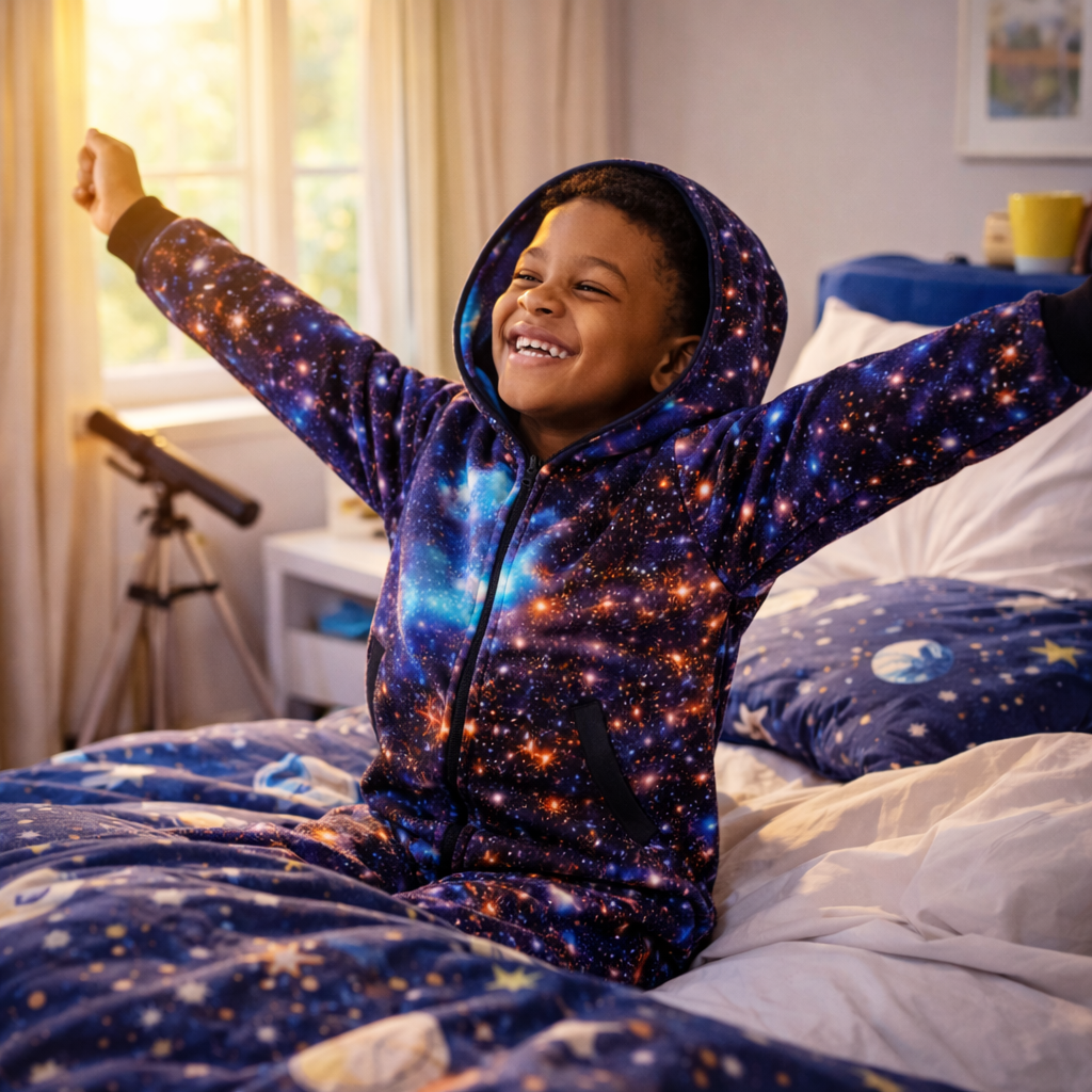 Boys Galaxy Zip-Up Onesie Pajamas – Cozy Hooded Kids Jumpsuit (7-14 Years)