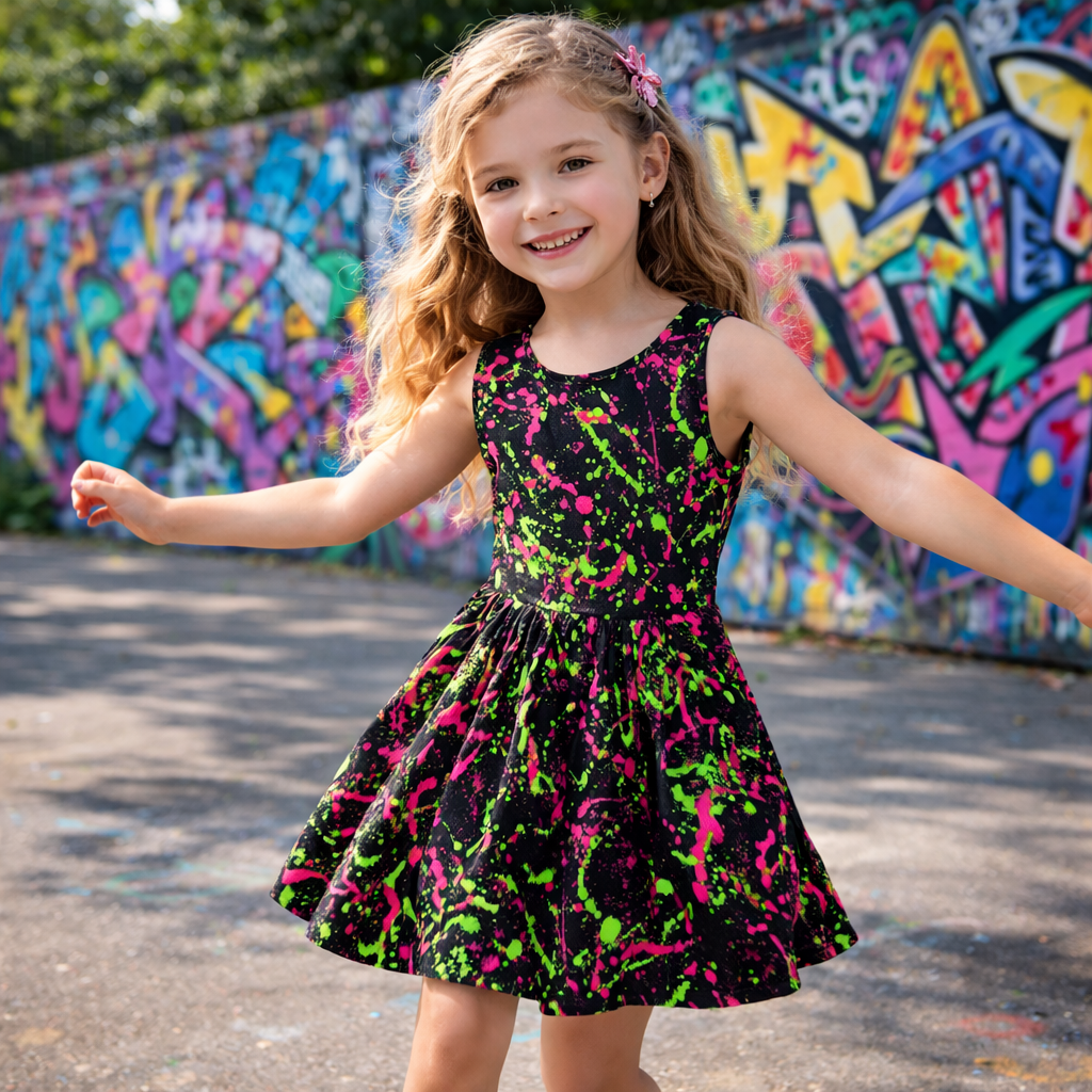 Girls Neon Rainbow Sleeveless Dress with Pockets for Glow Party