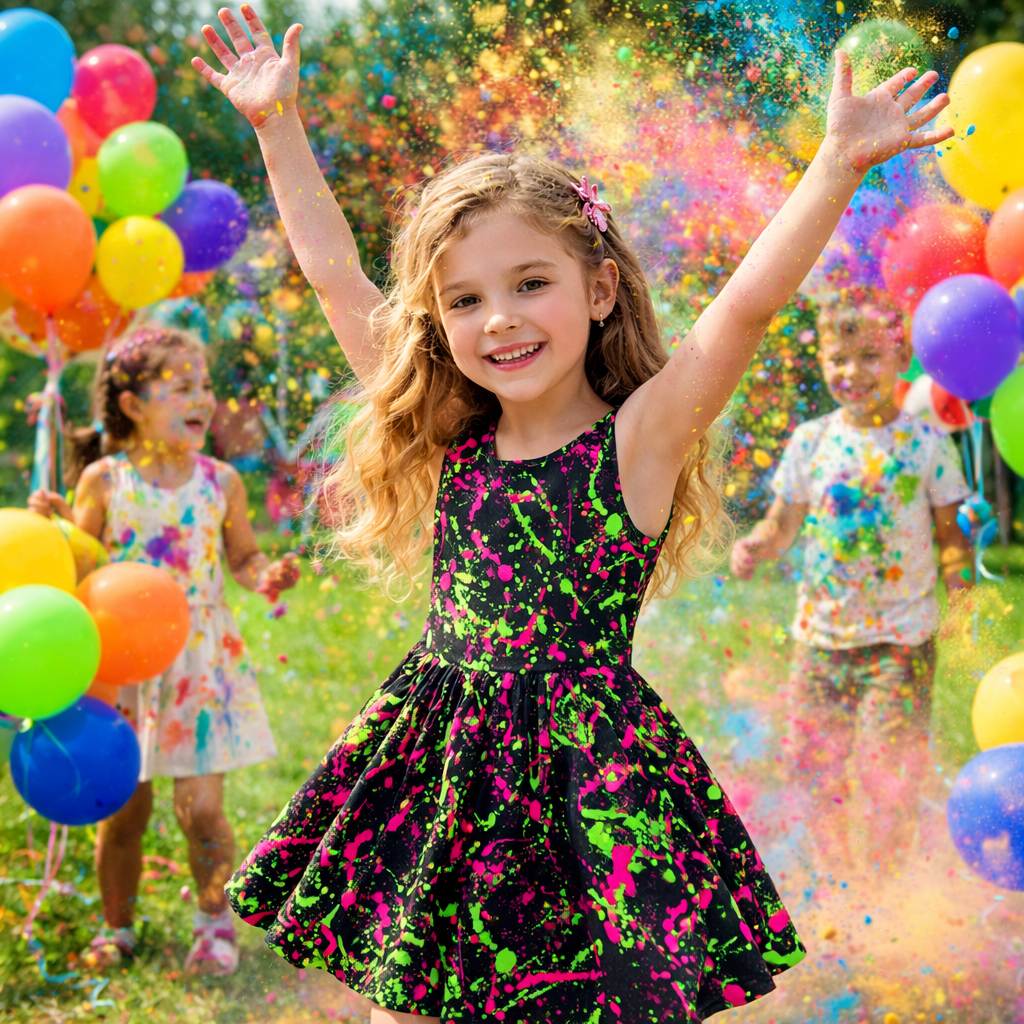 Girls Neon Rainbow Sleeveless Dress with Pockets for Glow Party