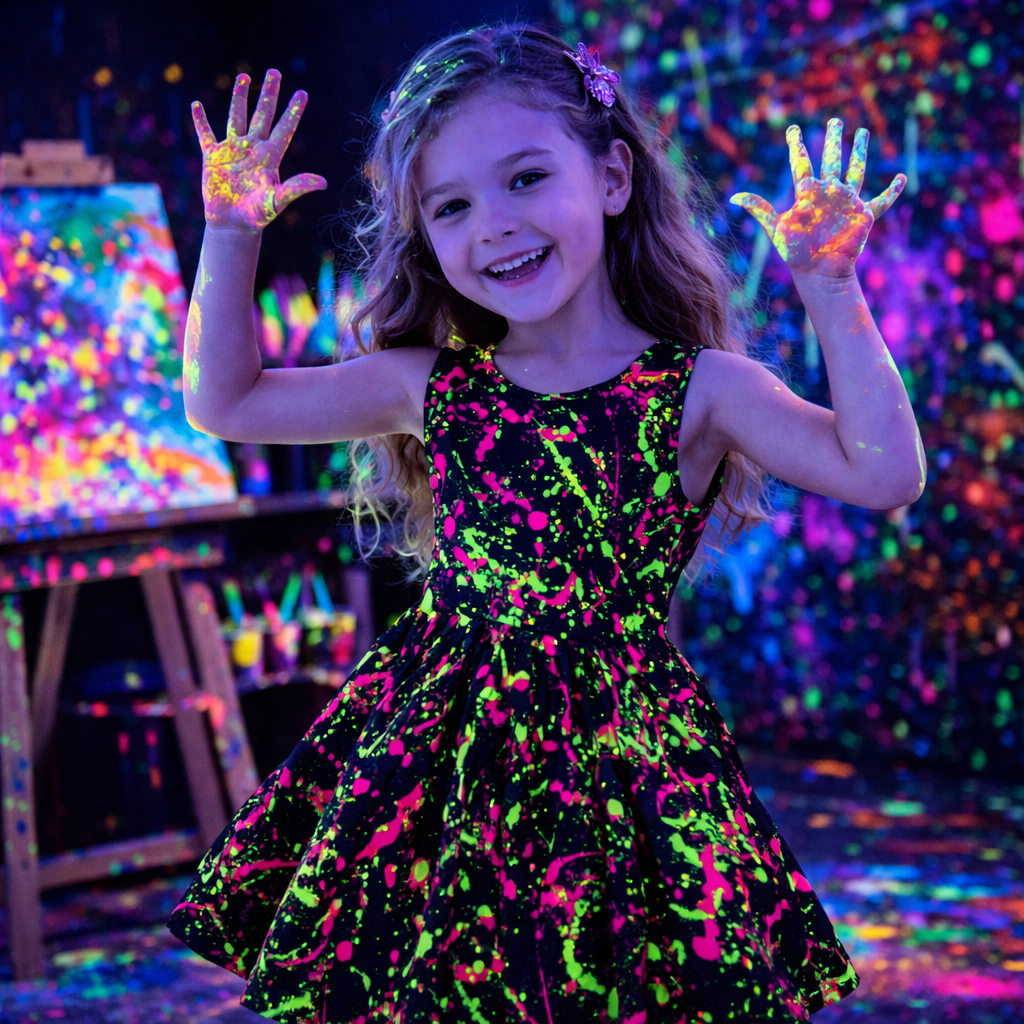 Girls Neon Rainbow Sleeveless Dress with Pockets for Glow Party