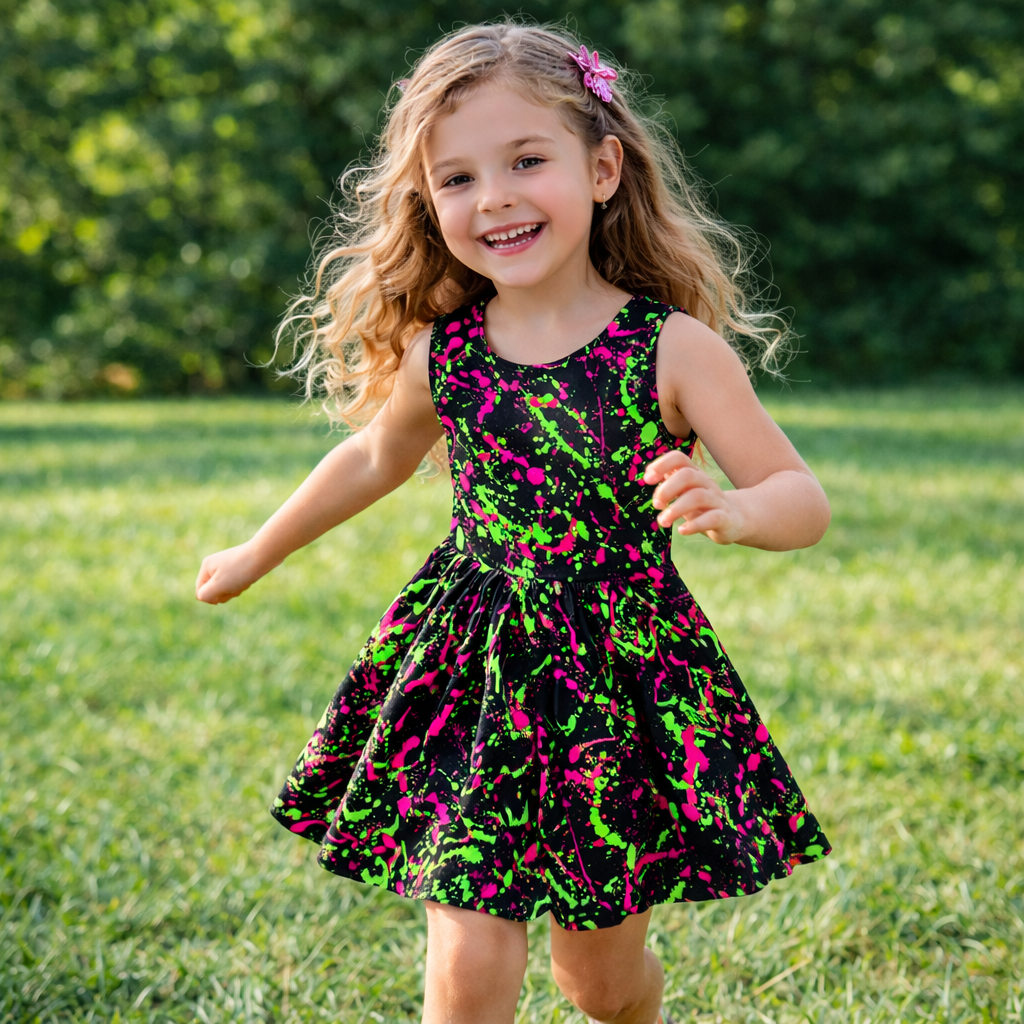 Girls Neon Rainbow Sleeveless Dress with Pockets for Glow Party