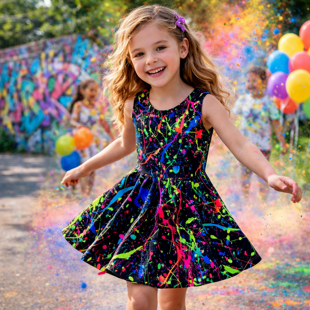 Girls Neon Paint Splash Dress – Sleeveless Twirl Dress for Kids | Summer Party, Art Class & Holiday Outfit