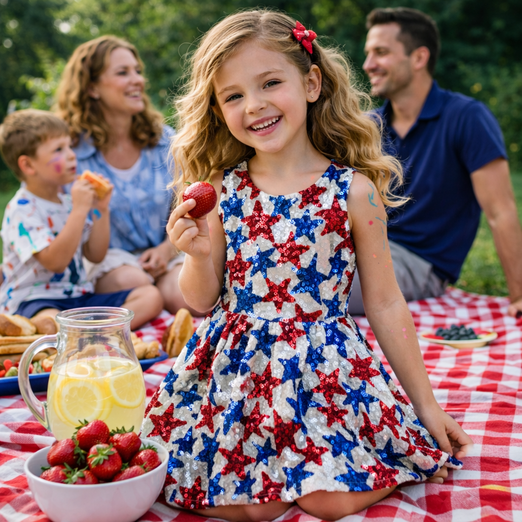 Girls Patriotic Star Sequin Dress – Sleeveless Twirl Dress for Kids | Independence Day Party & Summer Holiday Outfit