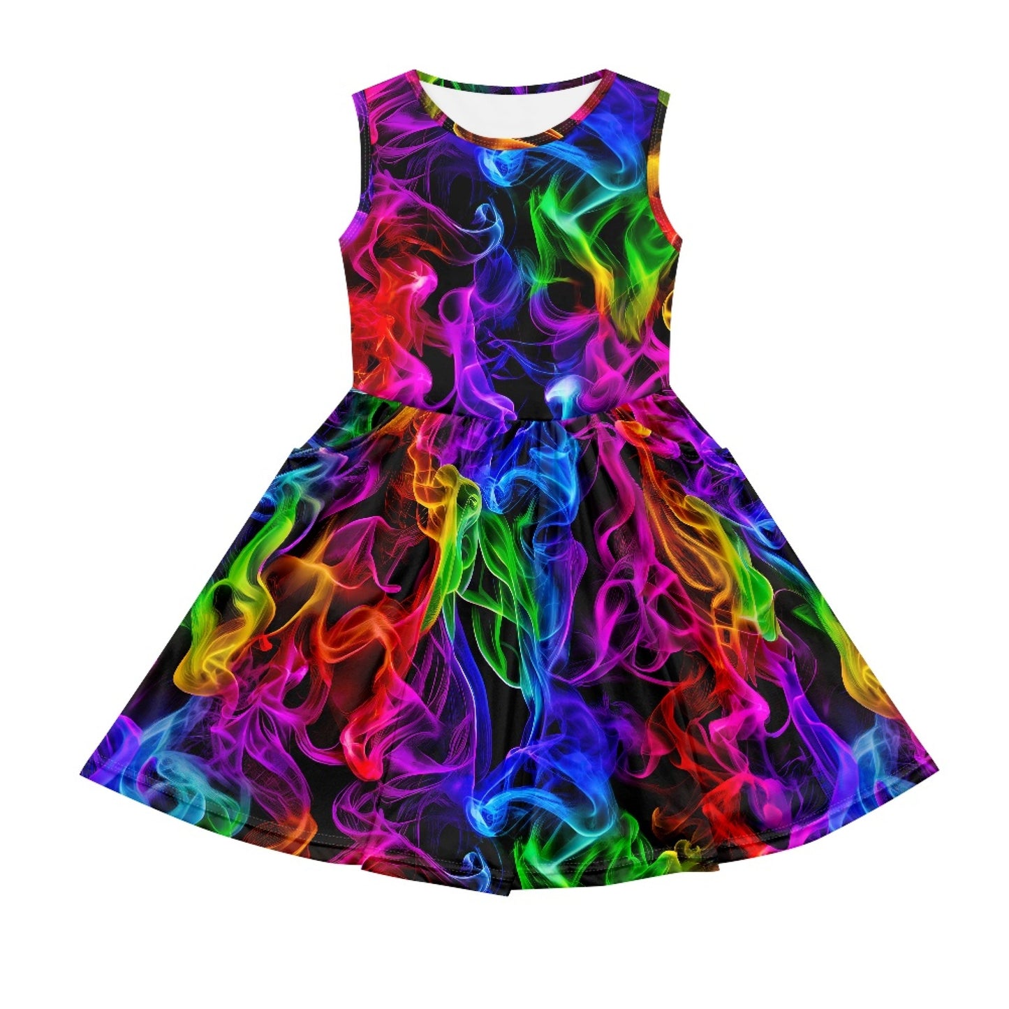 Girls Rainbow Smoke Sleeveless Dress with Pockets – Casual Dress