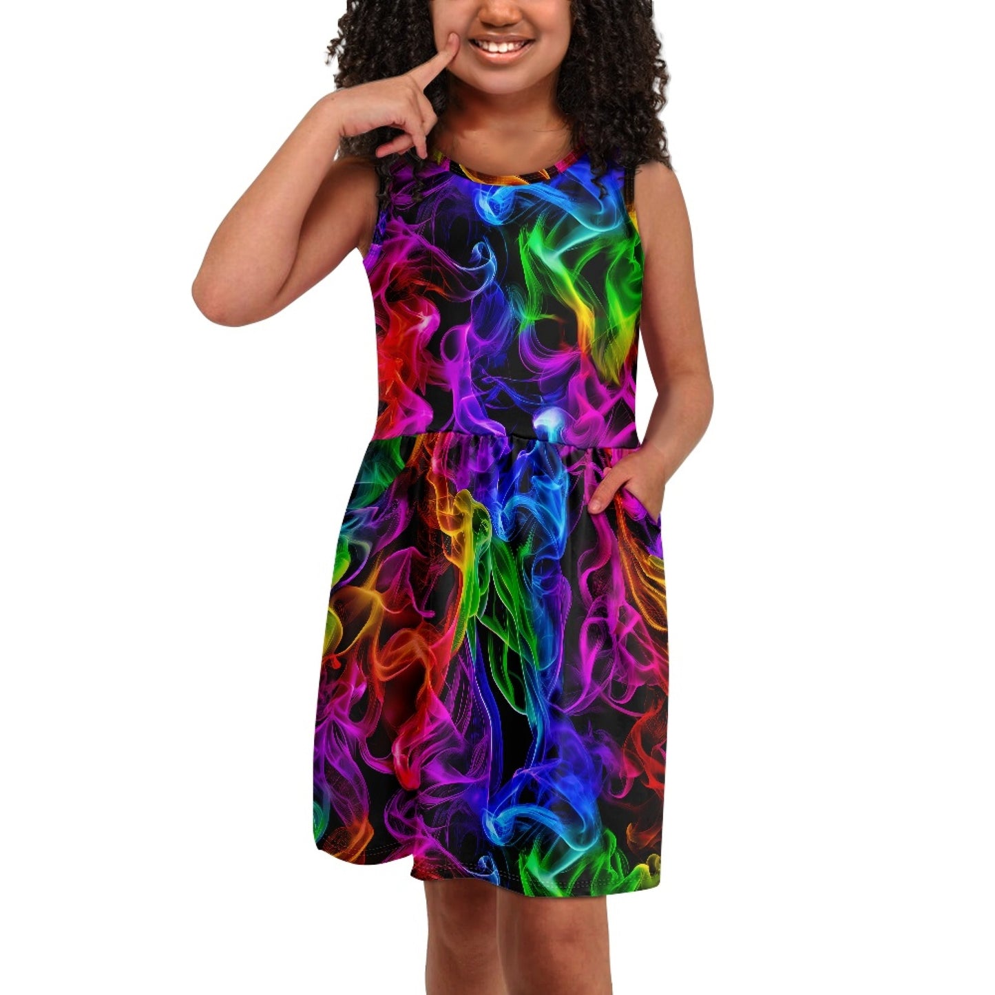 Girls Rainbow Smoke Sleeveless Dress with Pockets – Casual Dress