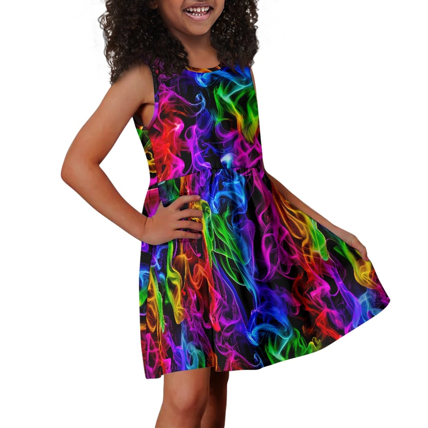 Girls Rainbow Smoke Sleeveless Dress with Pockets – Casual Dress
