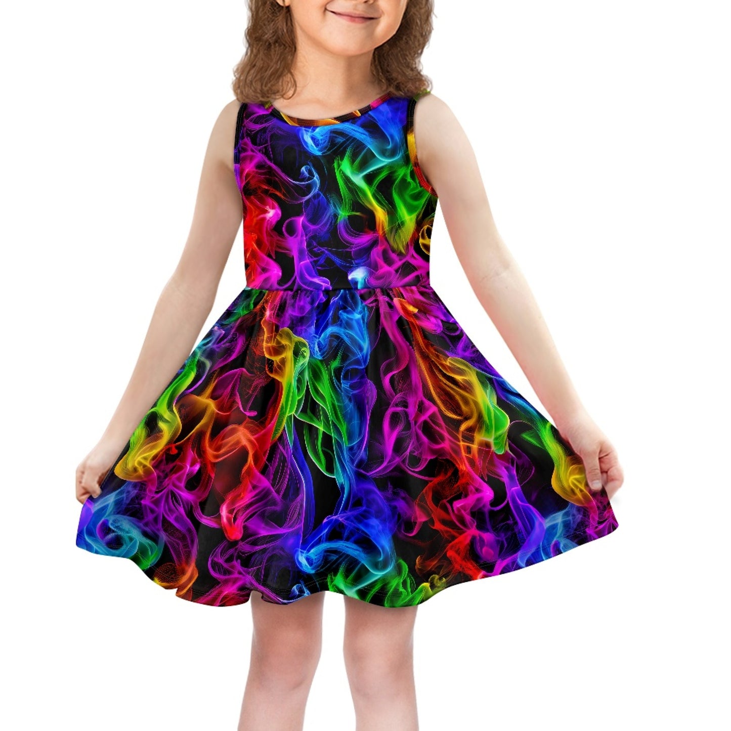 Girls Rainbow Smoke Sleeveless Dress with Pockets – Casual Dress