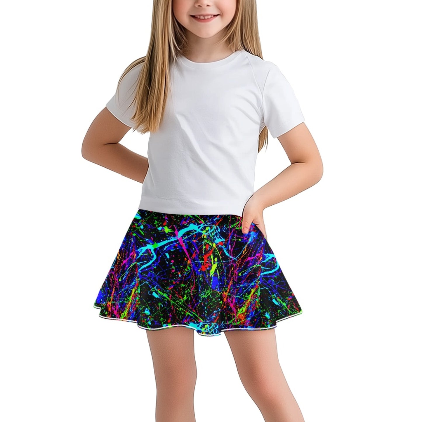Girls Neon Paint Skort – Color Splash Athletic Skirt with Built-in Shorts & Pocket