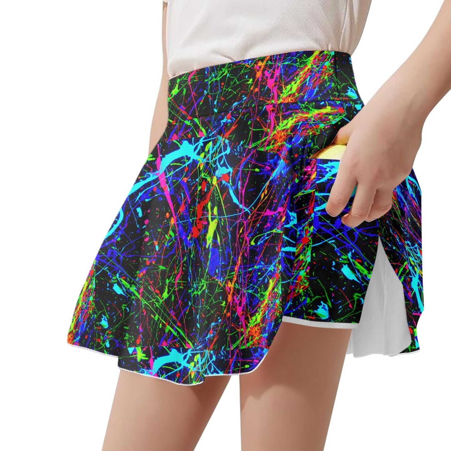 Girls Neon Paint Skort – Color Splash Athletic Skirt with Built-in Shorts & Pocket