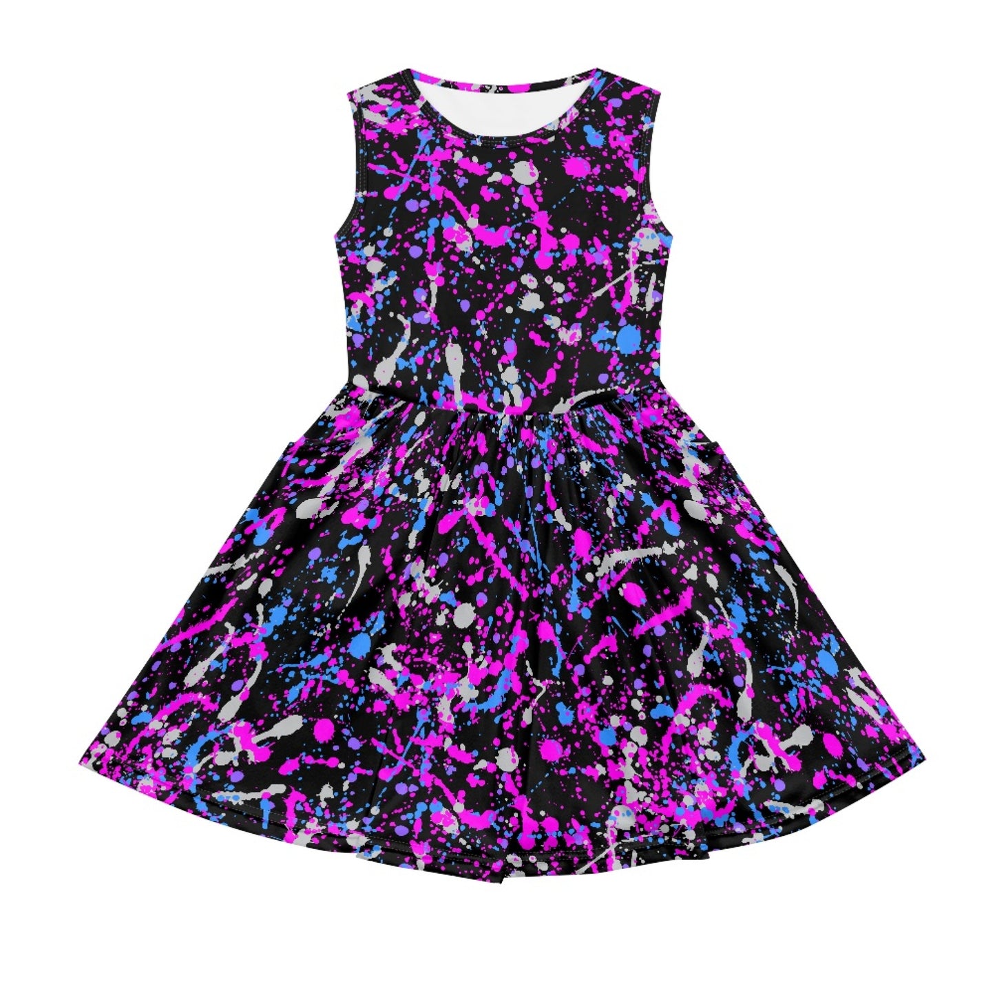 Girls Neon Purple Paint Splatter Sleeveless Dress with Pockets – Casual Dress