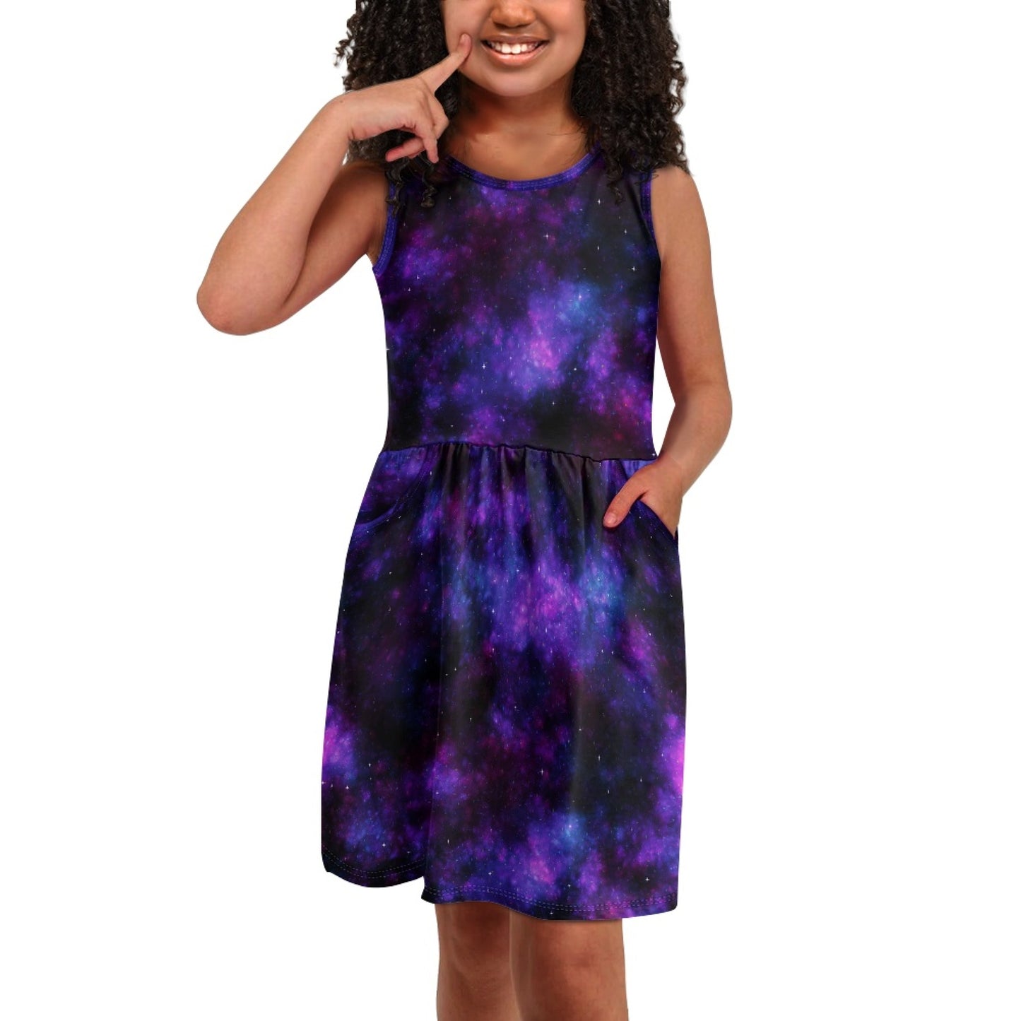 Girls Purple Galaxy Sleeveless Dress with Pockets – Girl Party Dress