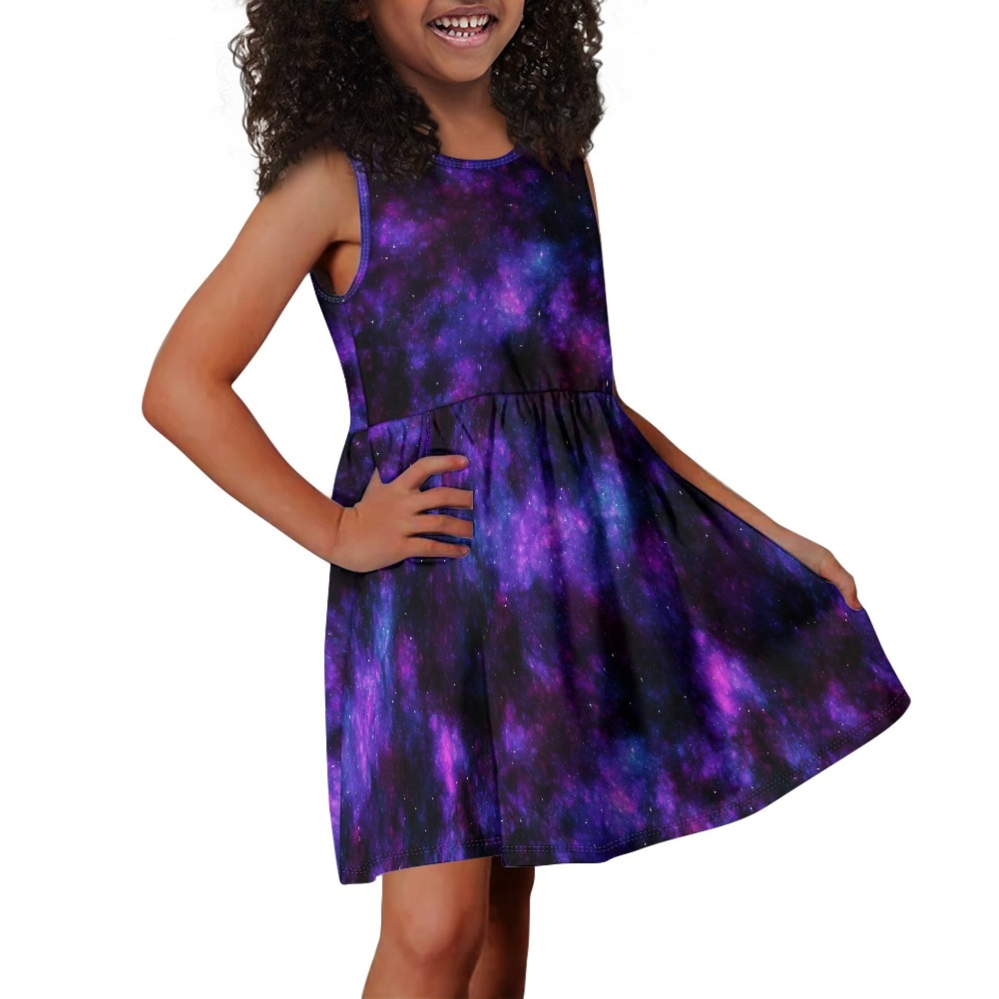 Girls Purple Galaxy Sleeveless Dress with Pockets – Girl Party Dress