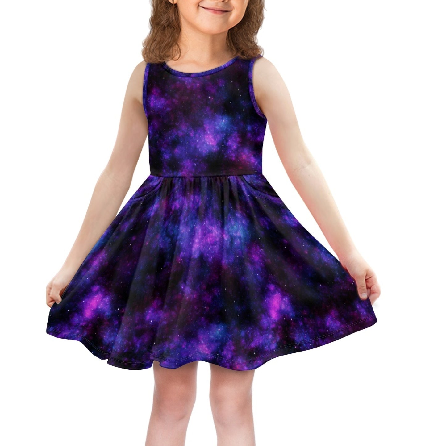 Girls Purple Galaxy Sleeveless Dress with Pockets – Girl Party Dress