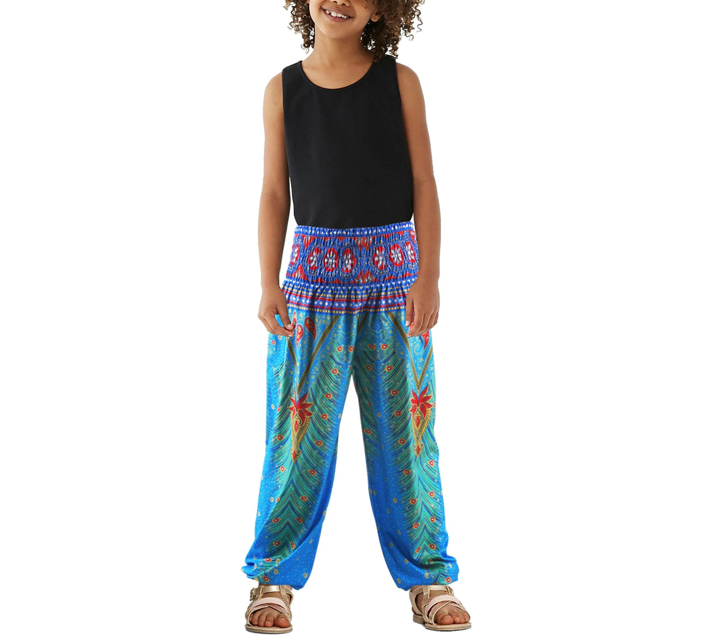Girls Boho Peacock Pants – Tropical Wide Leg Beach Pants with Elastic Waist & Pocket