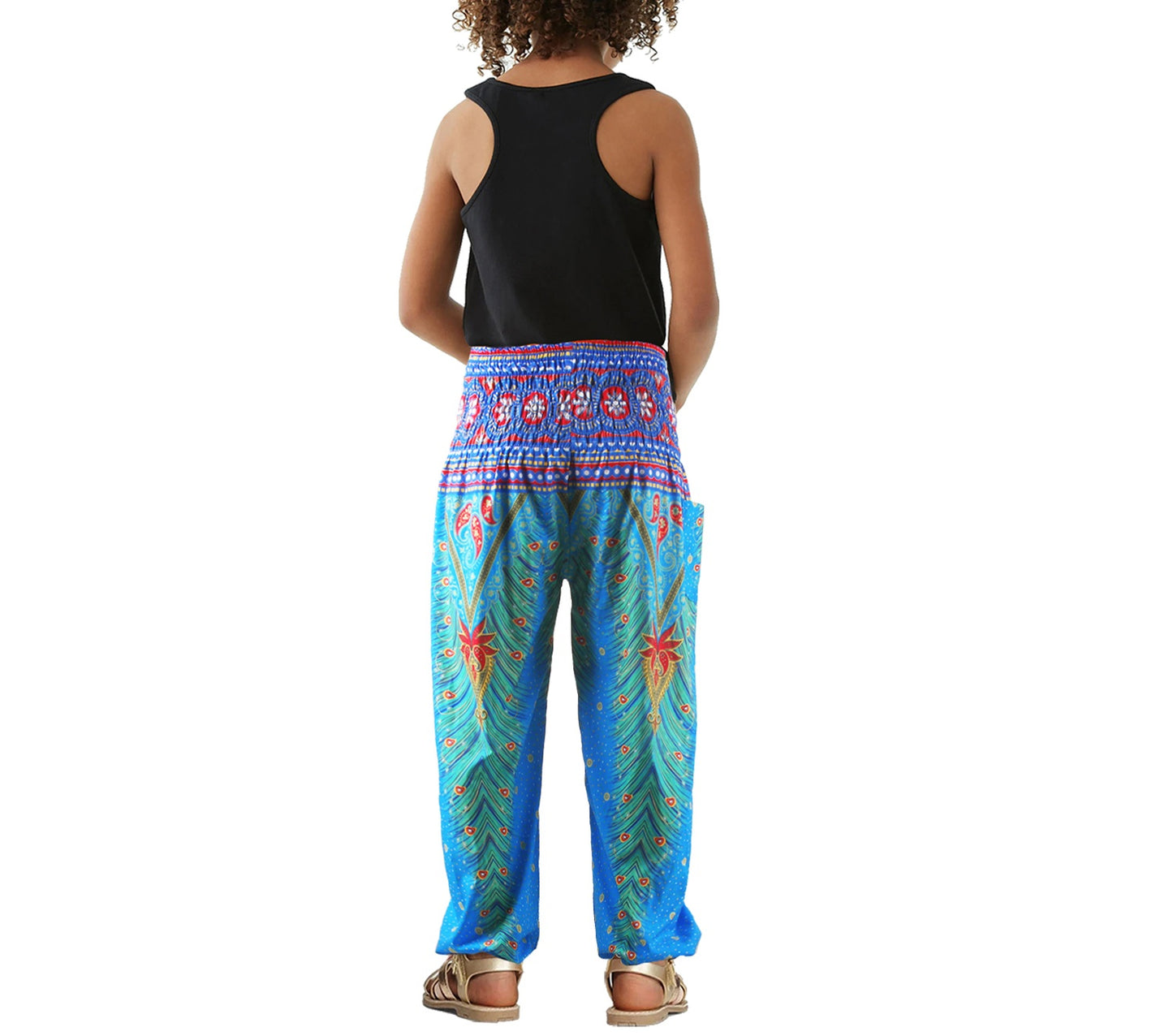 Girls Boho Peacock Pants – Tropical Wide Leg Beach Pants with Elastic Waist & Pocket