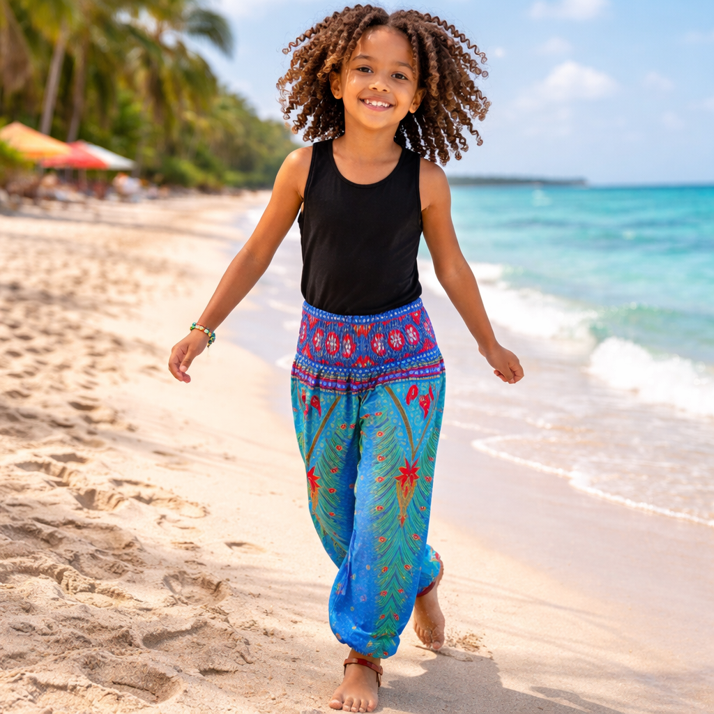 Girls Boho Peacock Pants – Tropical Wide Leg Beach Pants with Elastic Waist & Pocket