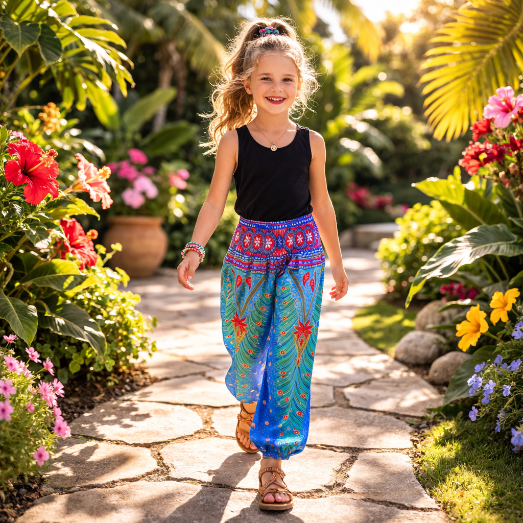 Girls Boho Peacock Pants – Tropical Wide Leg Beach Pants with Elastic Waist & Pocket