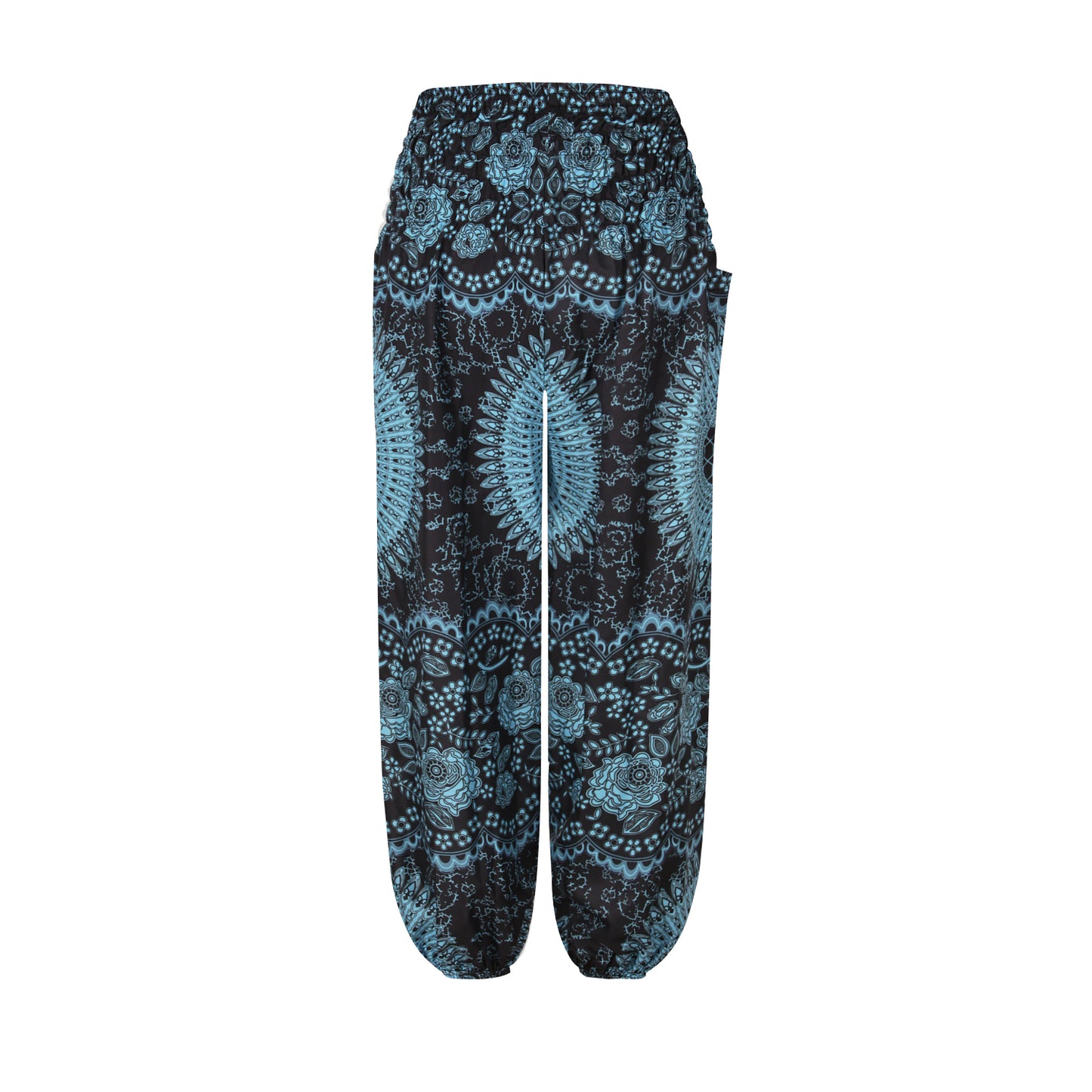 Girls Boho Mandala Pants – Blue Floral Wide Leg Beach Pants with Elastic Waist