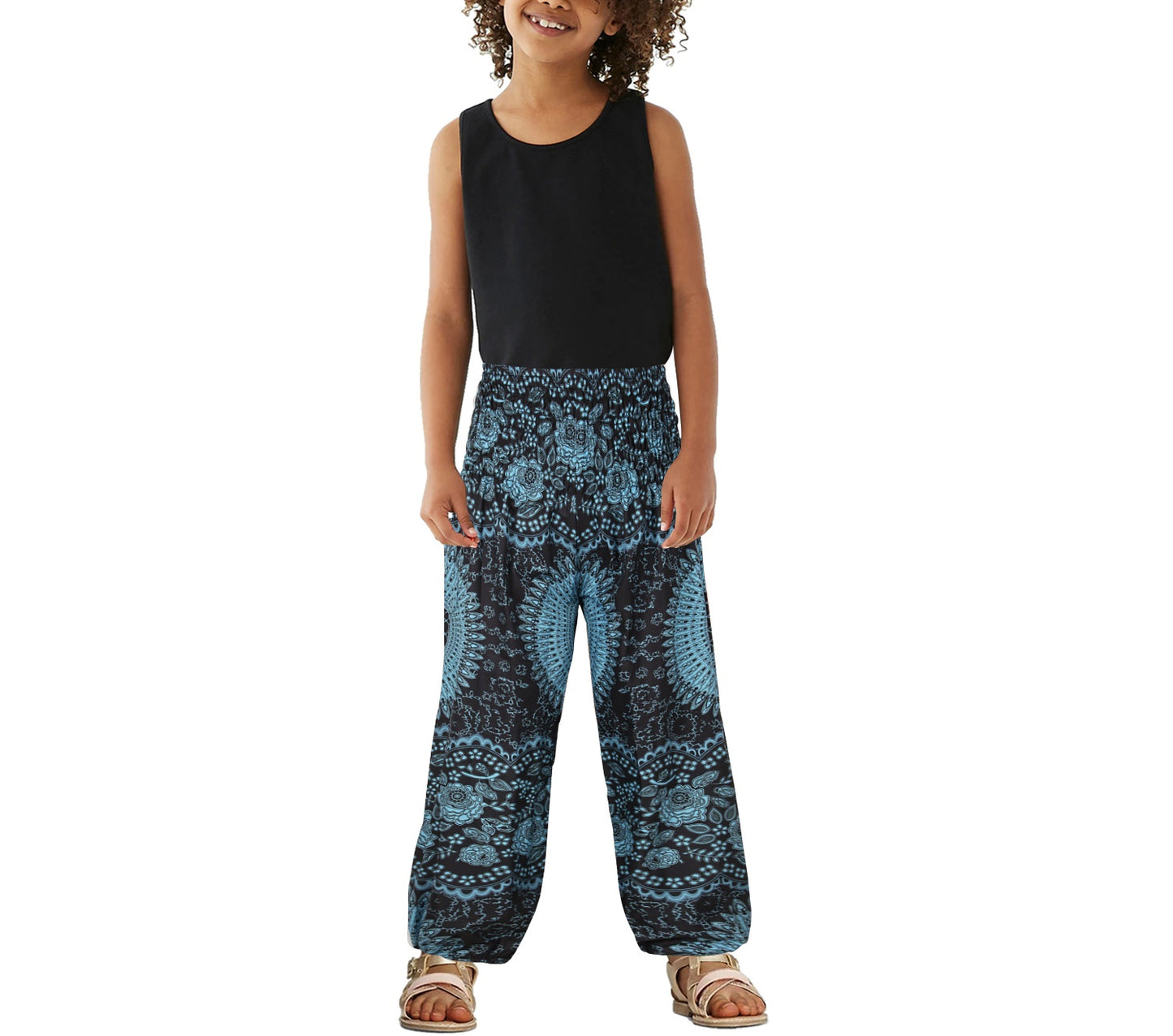 Girls Boho Mandala Pants – Blue Floral Wide Leg Beach Pants with Elastic Waist