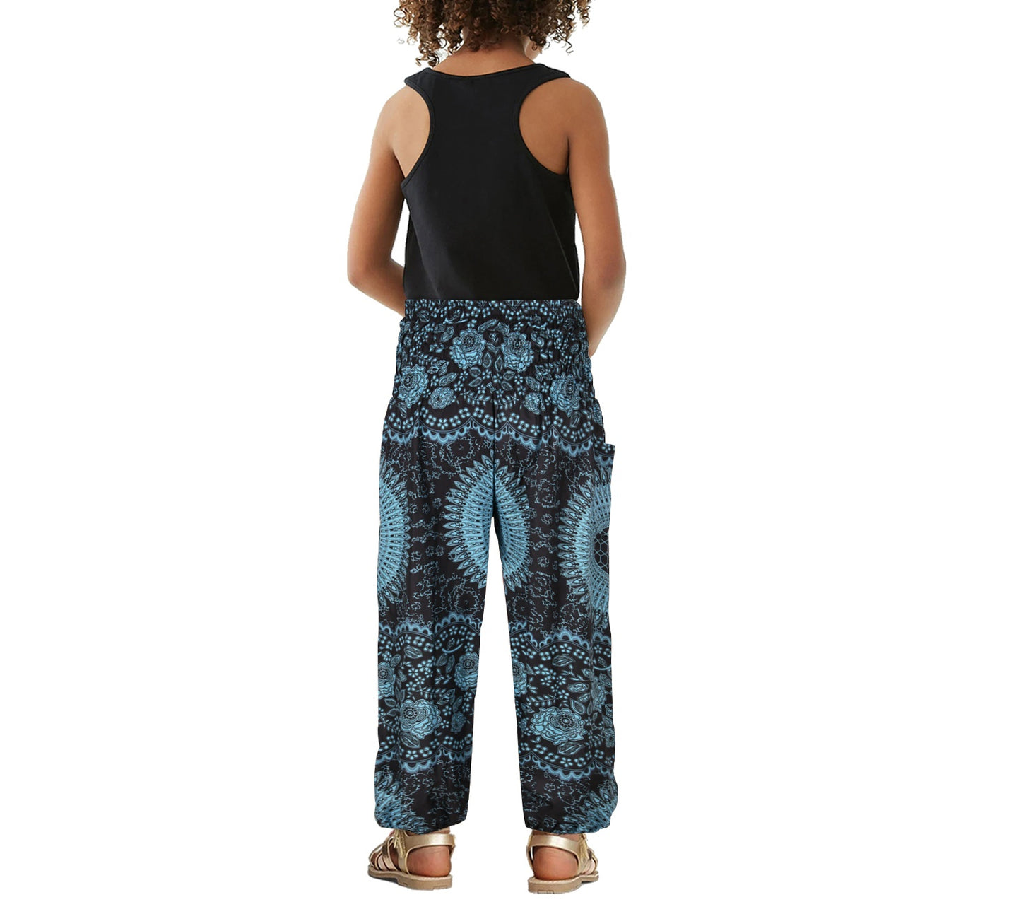 Girls Boho Mandala Pants – Blue Floral Wide Leg Beach Pants with Elastic Waist
