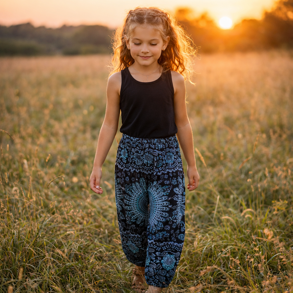 Girls Boho Mandala Pants – Blue Floral Wide Leg Beach Pants with Elastic Waist