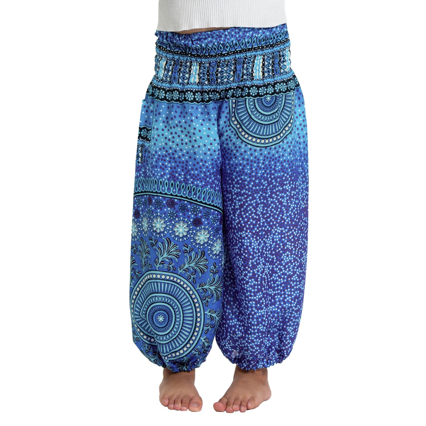 Girls Blue Boho Harem Pants – Mandala Pattern Wide Leg Beach Pants with Elastic Waist