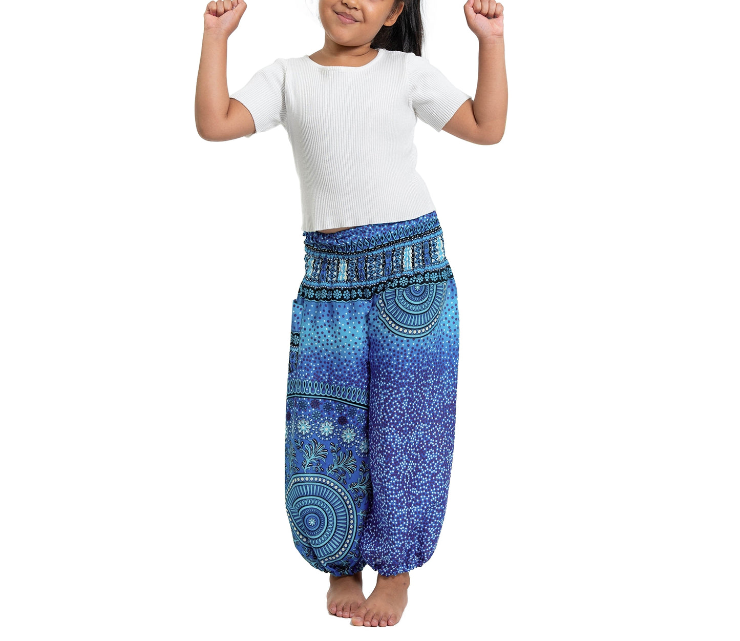 Girls Blue Boho Harem Pants – Mandala Pattern Wide Leg Beach Pants with Elastic Waist