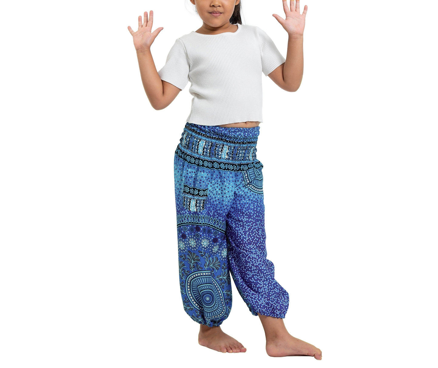 Girls Blue Boho Harem Pants – Mandala Pattern Wide Leg Beach Pants with Elastic Waist