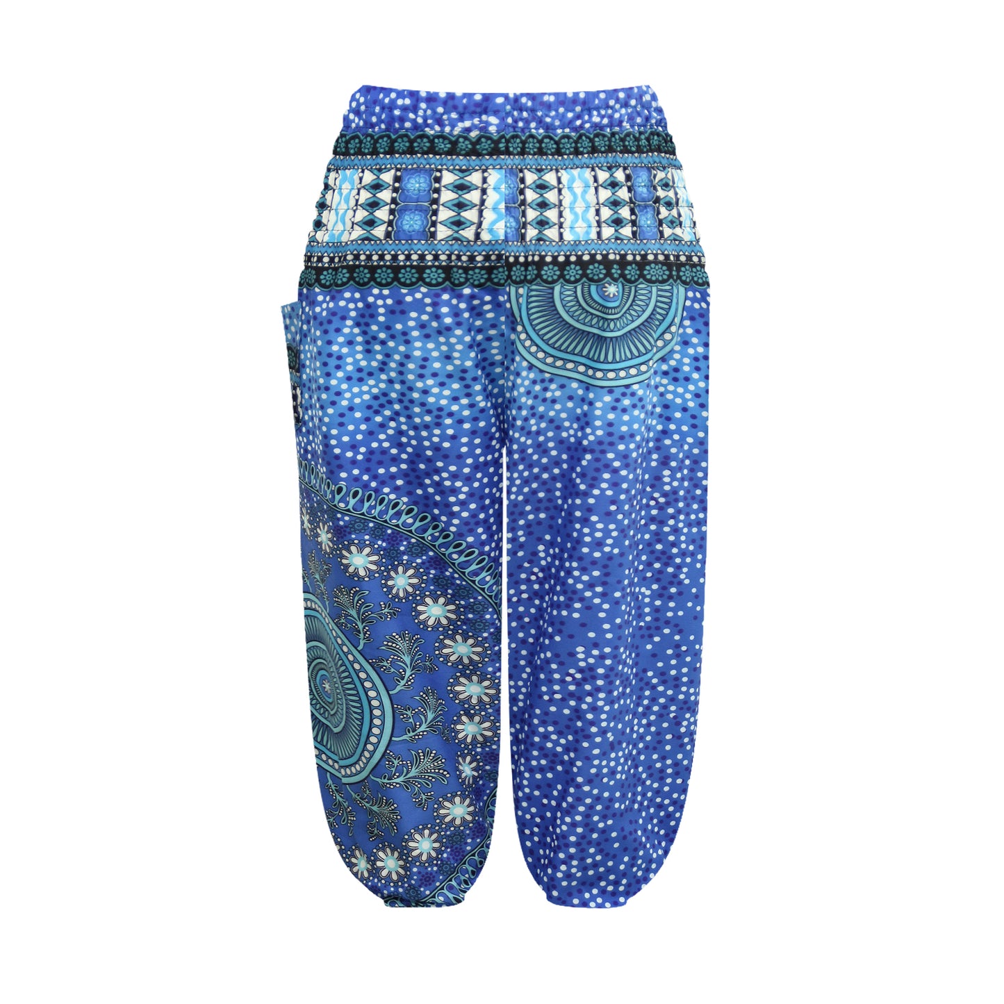 Girls Blue Boho Harem Pants – Mandala Pattern Wide Leg Beach Pants with Elastic Waist