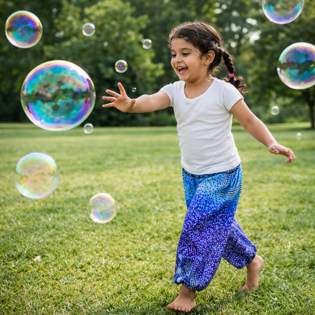 Girls Blue Boho Harem Pants – Mandala Pattern Wide Leg Beach Pants with Elastic Waist