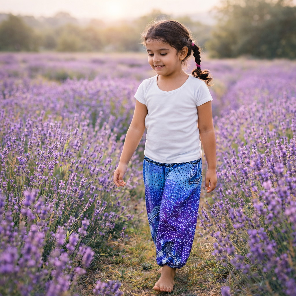 Girls Blue Boho Harem Pants – Mandala Pattern Wide Leg Beach Pants with Elastic Waist