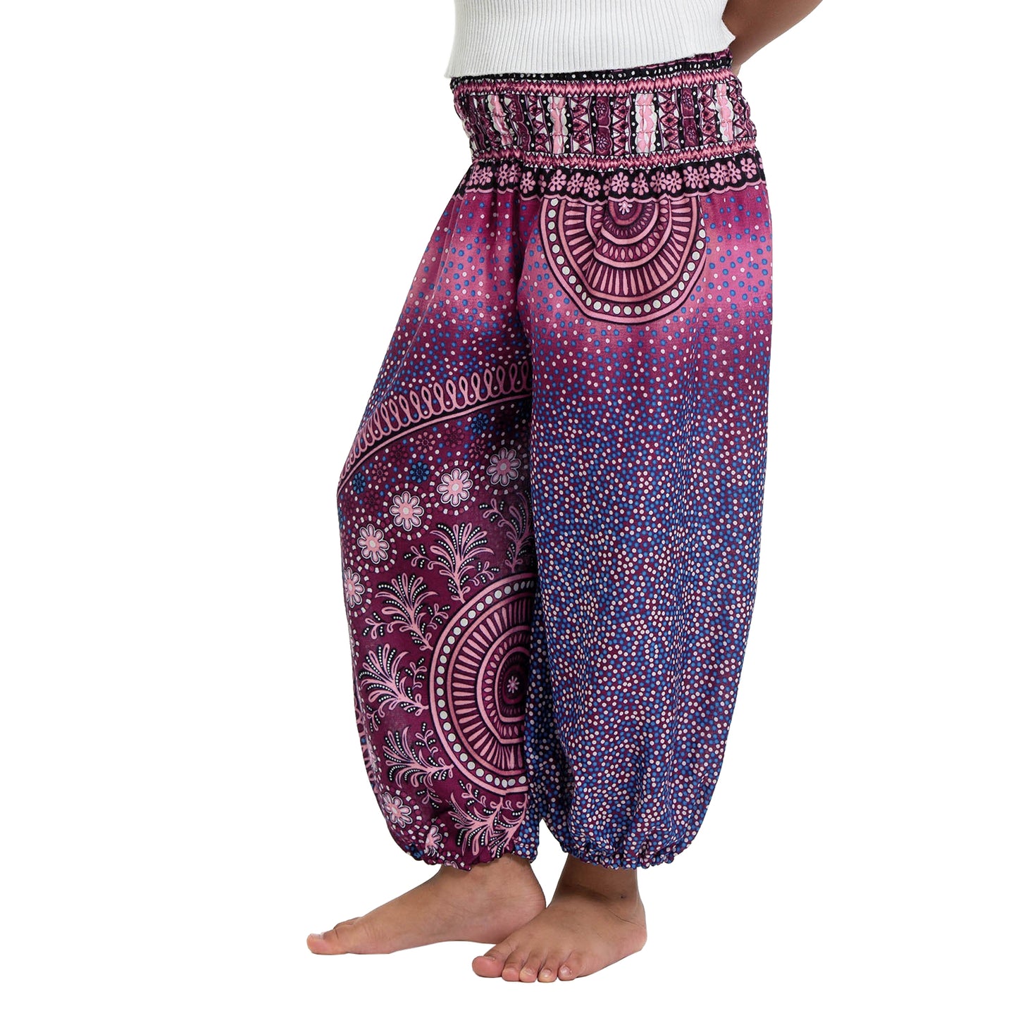 Girls Purple Boho Harem Pants – Mandala Gradient Wide Leg Beach Pants with Elastic Waist