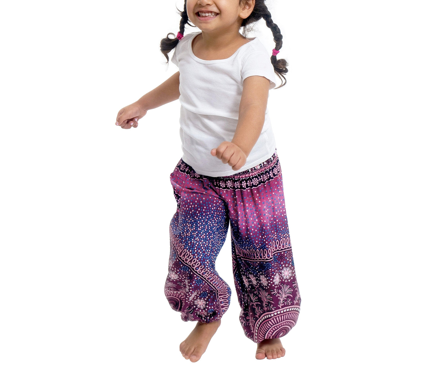 Girls Purple Boho Harem Pants – Mandala Gradient Wide Leg Beach Pants with Elastic Waist
