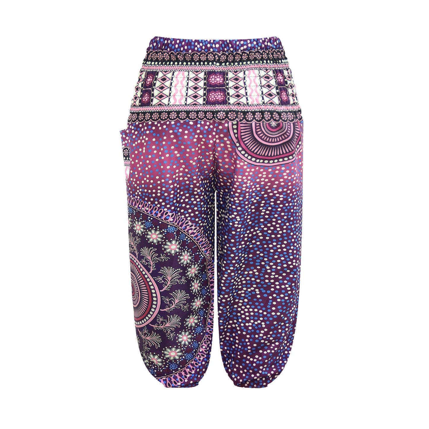 Girls Purple Boho Harem Pants – Mandala Gradient Wide Leg Beach Pants with Elastic Waist