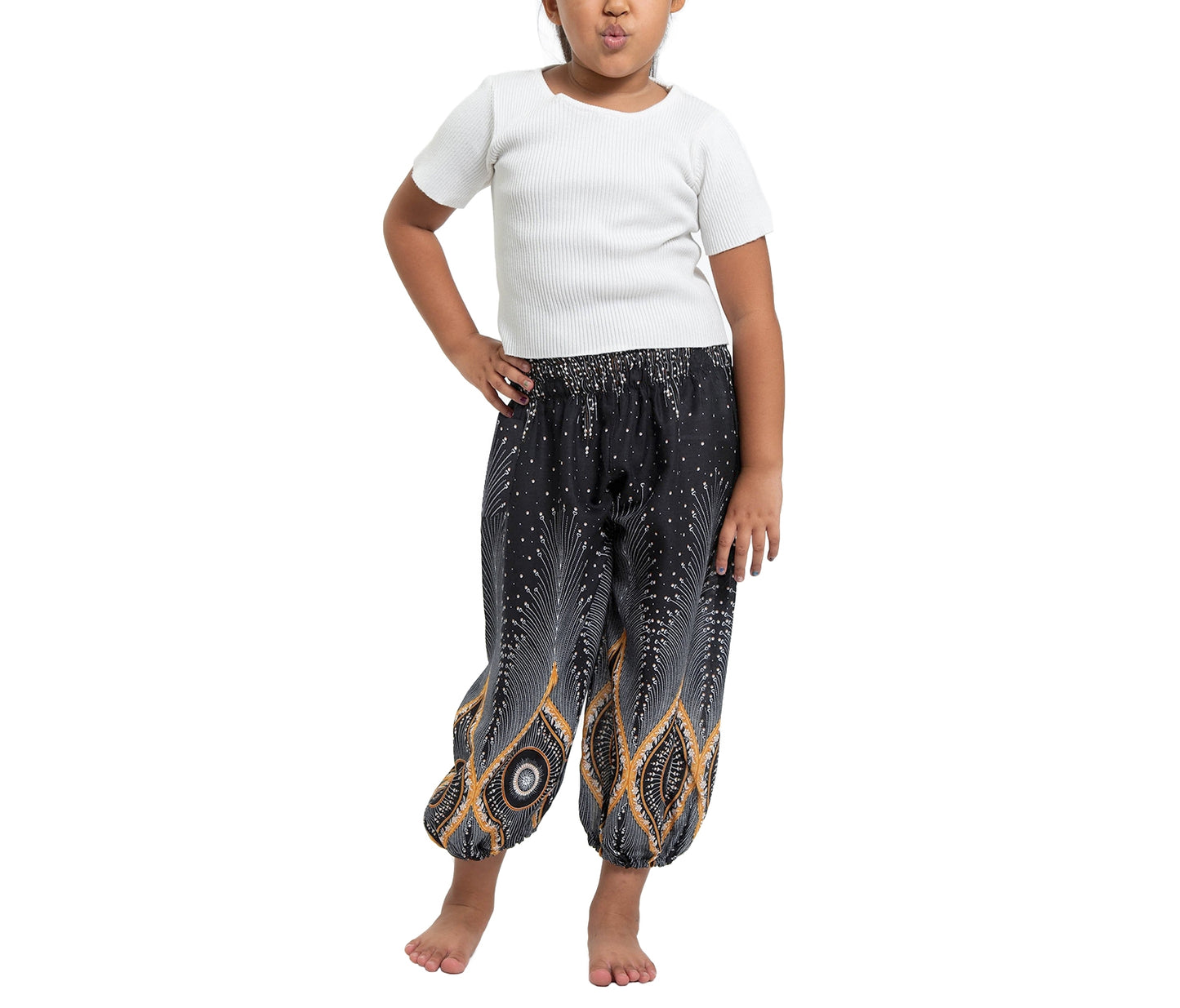 Girls Black Boho Peacock Pants – Feather Mandala Harem Pants with Elastic Waist