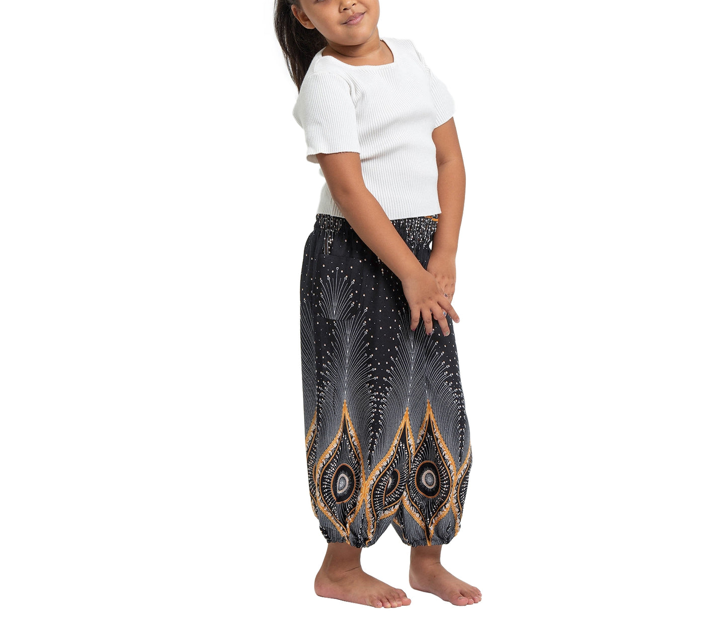 Girls Black Boho Peacock Pants – Feather Mandala Harem Pants with Elastic Waist