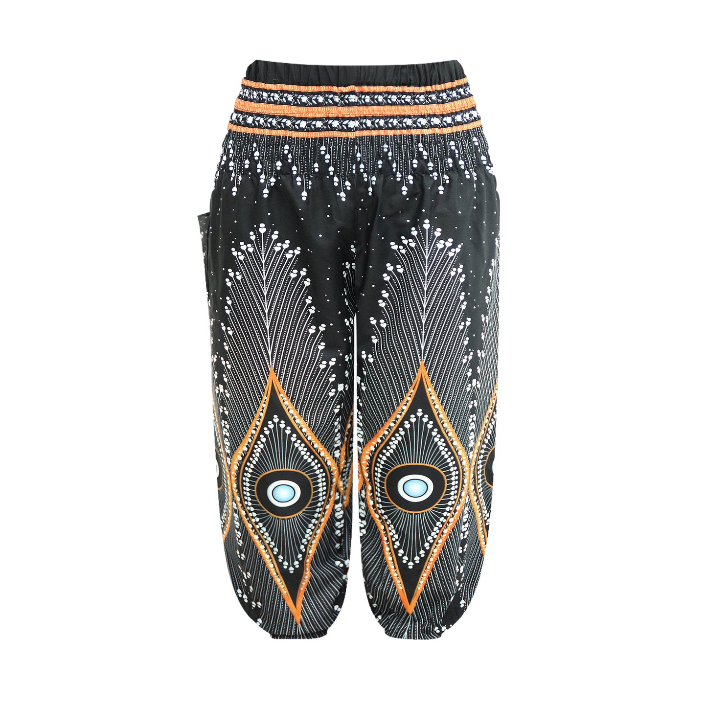 Girls Black Boho Peacock Pants – Feather Mandala Harem Pants with Elastic Waist