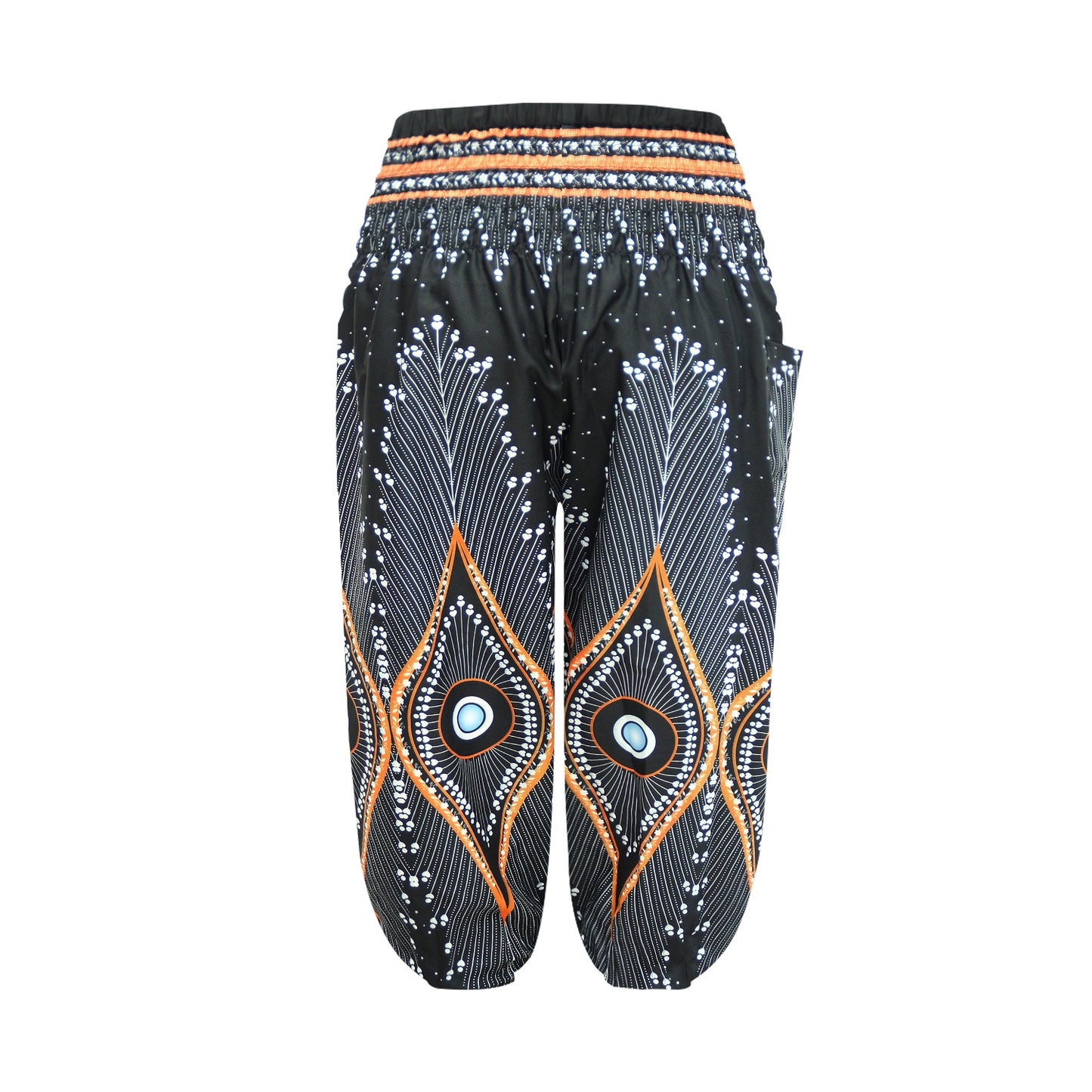 Girls Black Boho Peacock Pants – Feather Mandala Harem Pants with Elastic Waist