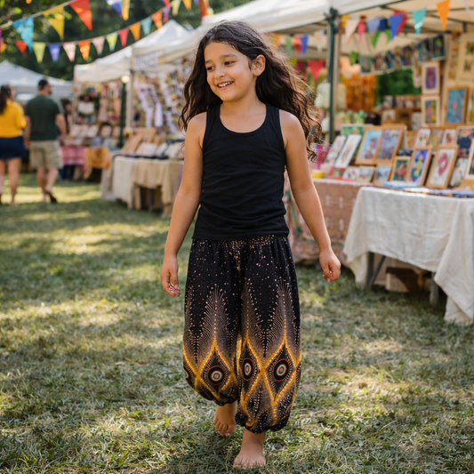 Girls Black Boho Peacock Pants – Feather Mandala Harem Pants with Elastic Waist