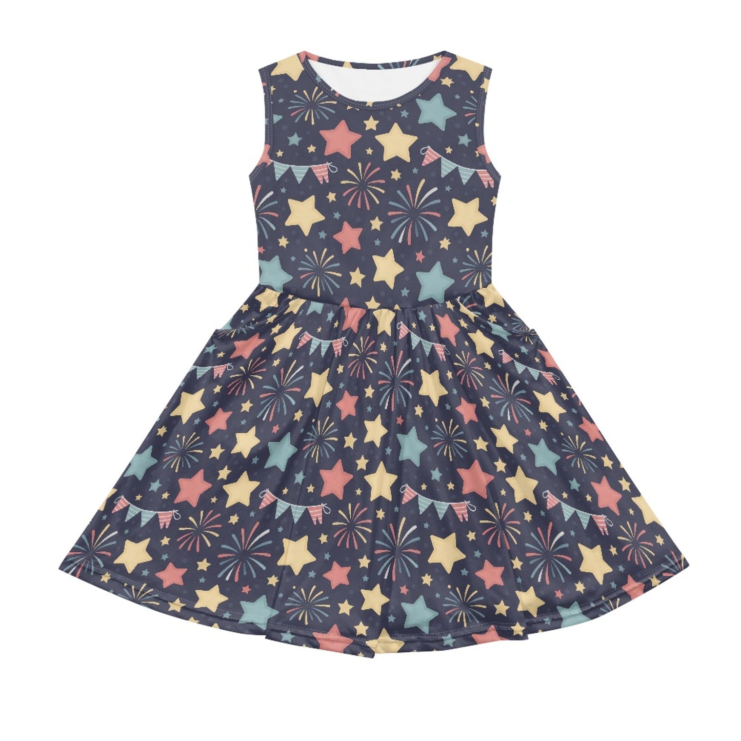 Girls Summer Star & Firework Dress – Colorful Sleeveless Twirl Dress for Little Girls