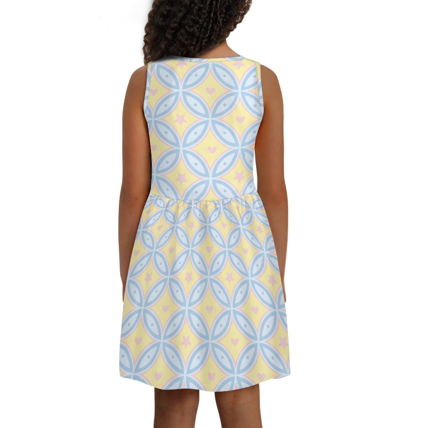 Girls Geometric Pattern Dress | Retro Style Sleeveless Kids Dress
